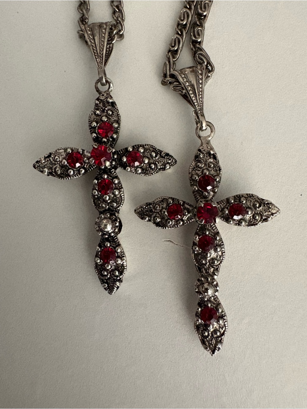 Garnet Cross Pendant Necklace - Silver with Red Stones - Czech Bohemian